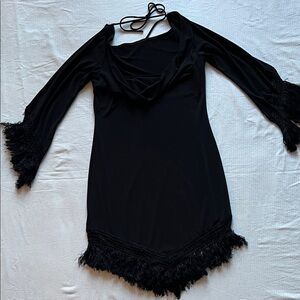 Stylish Black Mini Dress with Fringe Accents